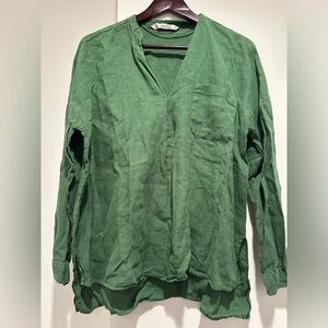 Zara Basic Green Linen Long Sleeve Shirt